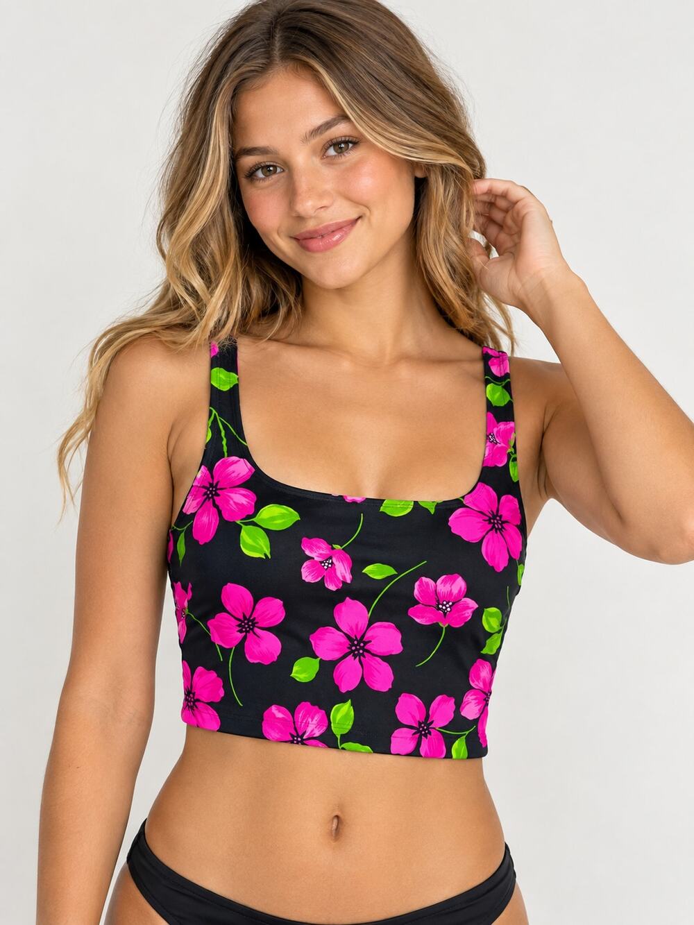 Catalina Black Pink Floral Tank Top Square Neck Retro Tropical Y2K